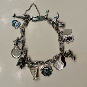 Vintage Monet Charm Bracelet w/ 14 Sterling Charms Travel USA Europe